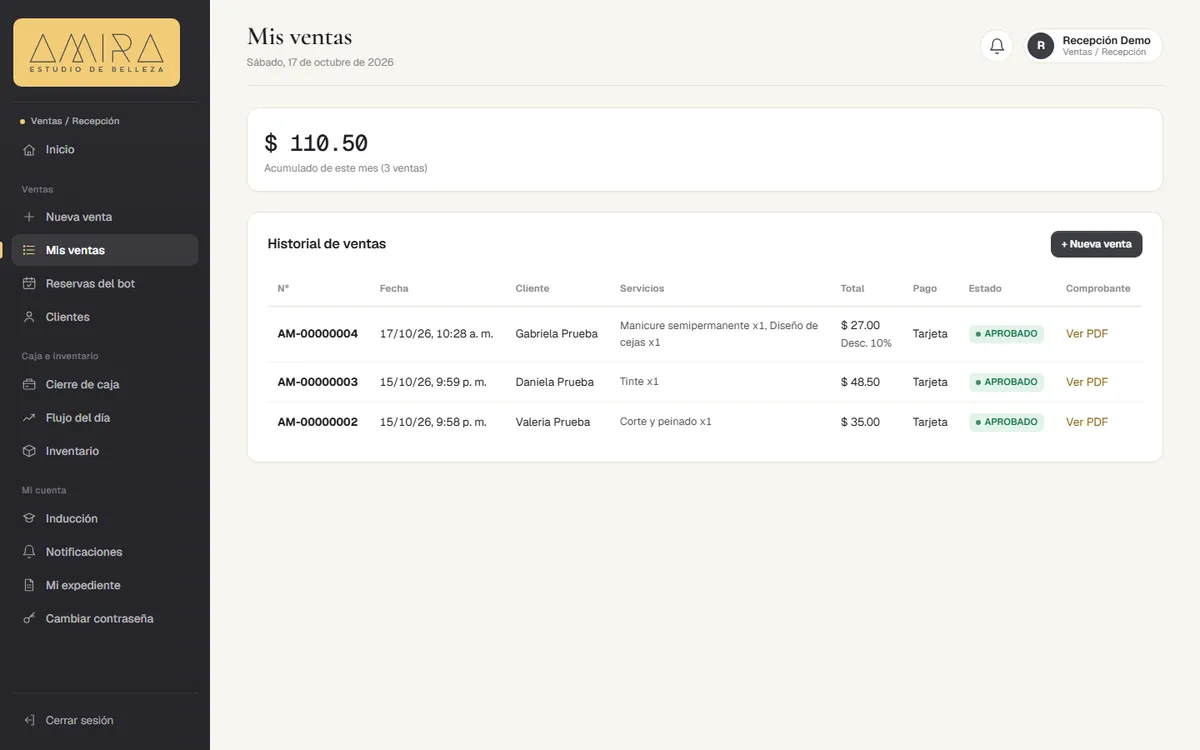 Historial de ventas de servicios en el sistema de AMIRA Estudio de Belleza, con datos de prueba
