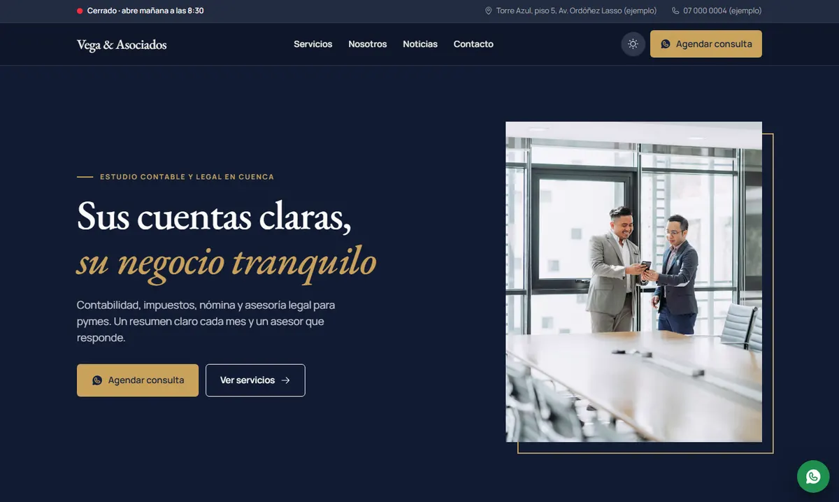 Página modelo de Vega & Asociados: estudio contable y legal