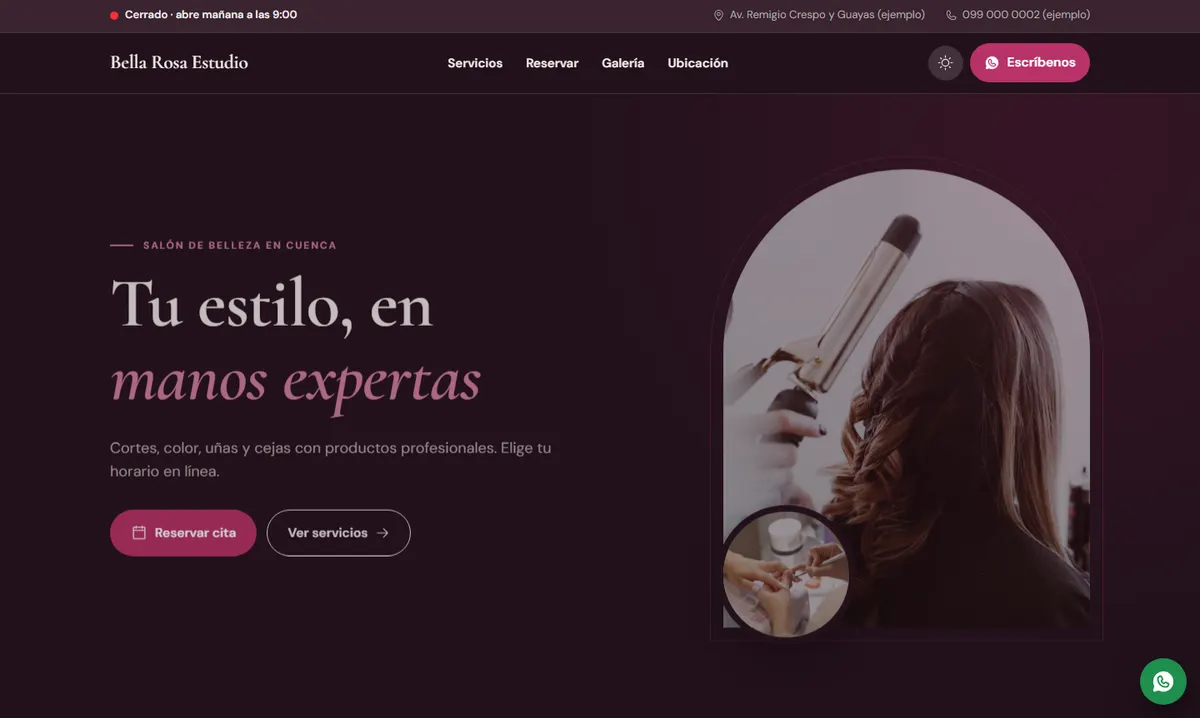 Página modelo de Bella Rosa Estudio: salón de belleza con agenda en línea